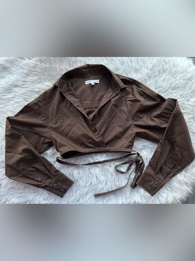 Kimberly Taylor Brown Cropped top tie waist Wrap Blouse  Shirt XS